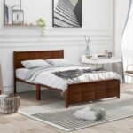 New Full-Size Platform Bed Frame with Rectangular Line Shape Headboard and Wooden Slats Support, No Box Spring Needed (Only Frame) – Walnut