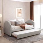 New Twin Size Fabric Upholstered Daybed with Trundle Bed, and Wooden Slats Support, Space-saving Design, No Box Spring Needed – Beige