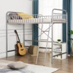 New Twin-Size Loft Bed Frame with Full-length Guardrail, Ladder, and Steel Slats Support, Space-saving Design, No Box Spring Needed – Silver